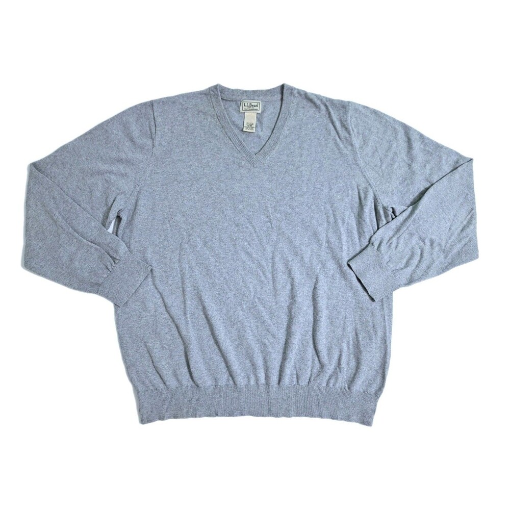 LL Bean Sweater Mens XL Cotton Cashmere Blend V Neck Gray Long Sleeve